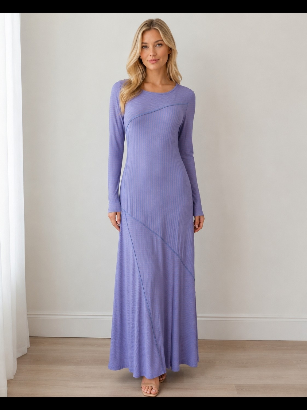 Soft Surroundings Ryley Lavender  Ribbed Knit Stripe Stretch Maxi Dress Sz Large